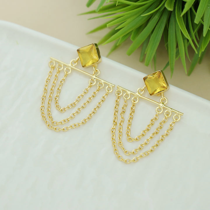 Yuza Golden 3 Layer Chain Diamond Glossy Stone Earring