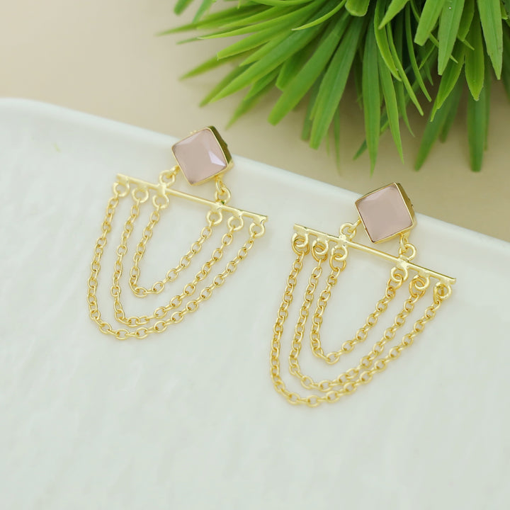 Yuza Golden 3 Layer Chain Diamond Glossy Stone Earring