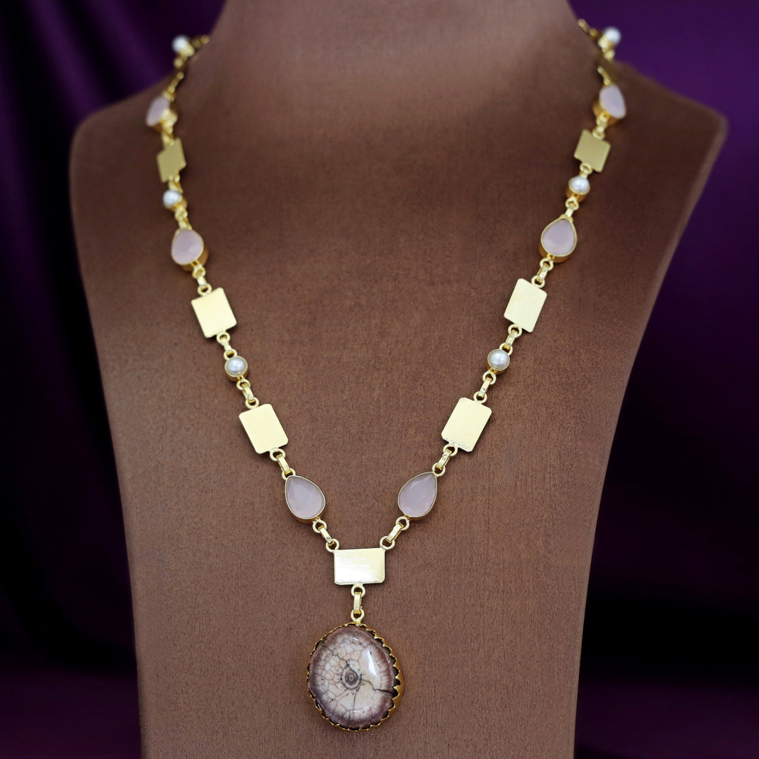 Gertie Golden Pearl Glossy + Agate Stone Long Neckpiece