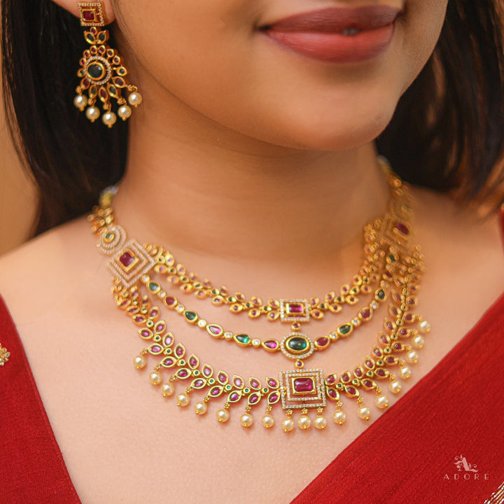Premium Aakarsha Tri Layer Bridal Short Neckpiece With Earring