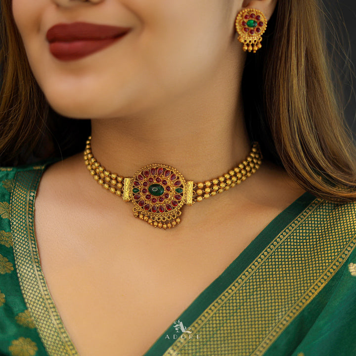 3 Layer Golden Chain Flower Pendant Choker With Earring