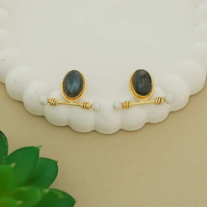 Asja Dual Pearl Sticky Oval Natural Stone Earring