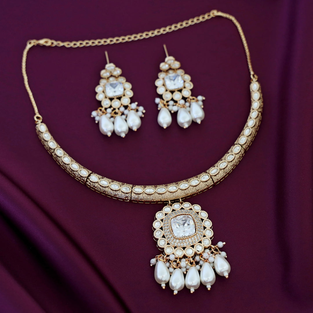 Premium Etasha AD Stone Pearl Stiff Neckpiece With Earring
