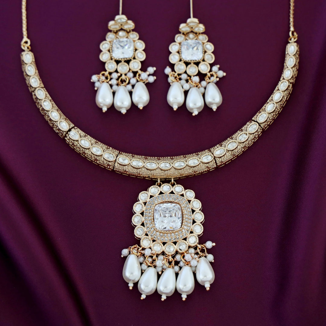 Premium Etasha AD Stone Pearl Stiff Neckpiece With Earring