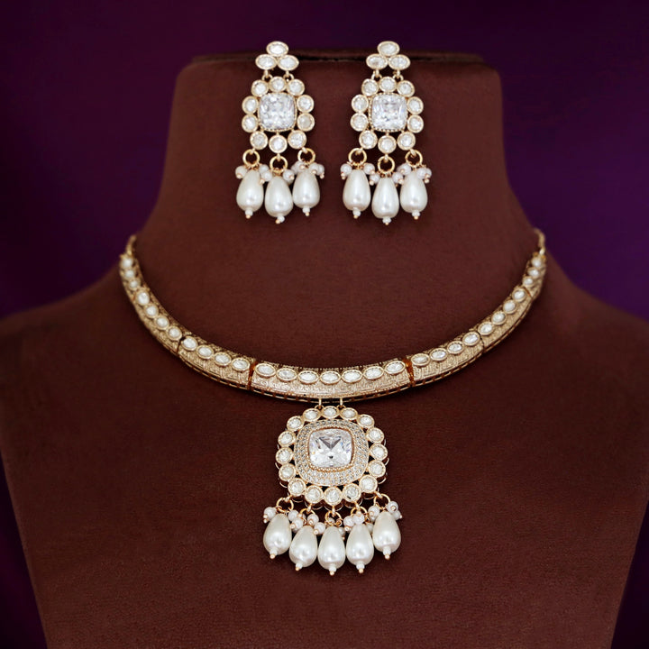 Premium Etasha AD Stone Pearl Stiff Neckpiece With Earring