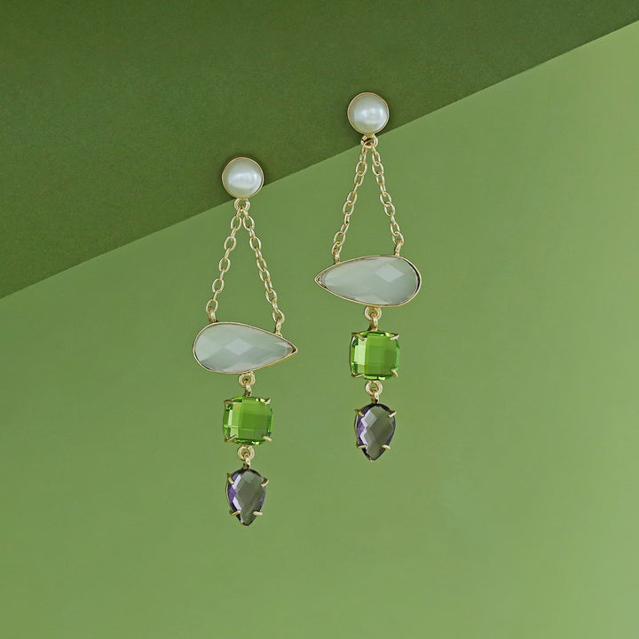 Tri Glossy Pearl Chainy Earring