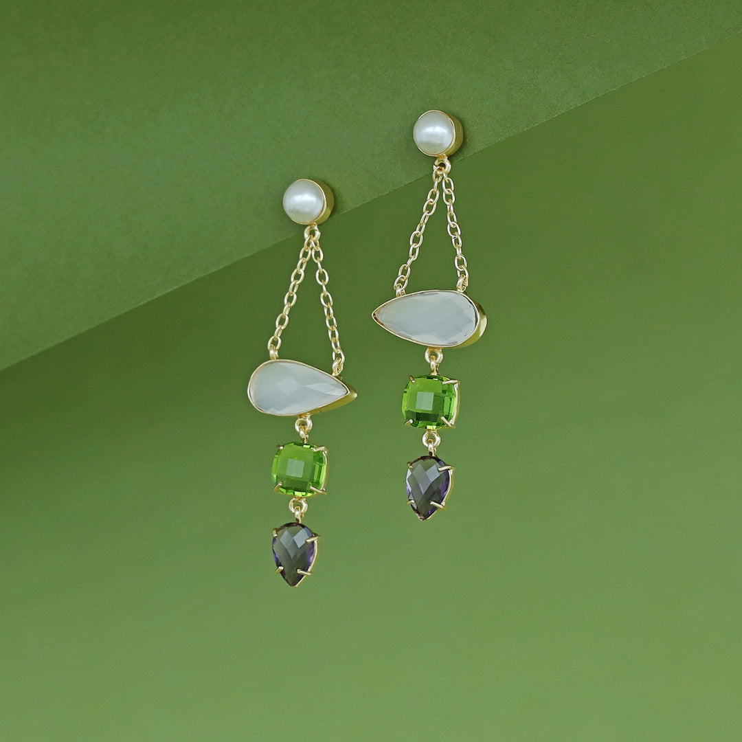 Tri Glossy Pearl Chainy Earring
