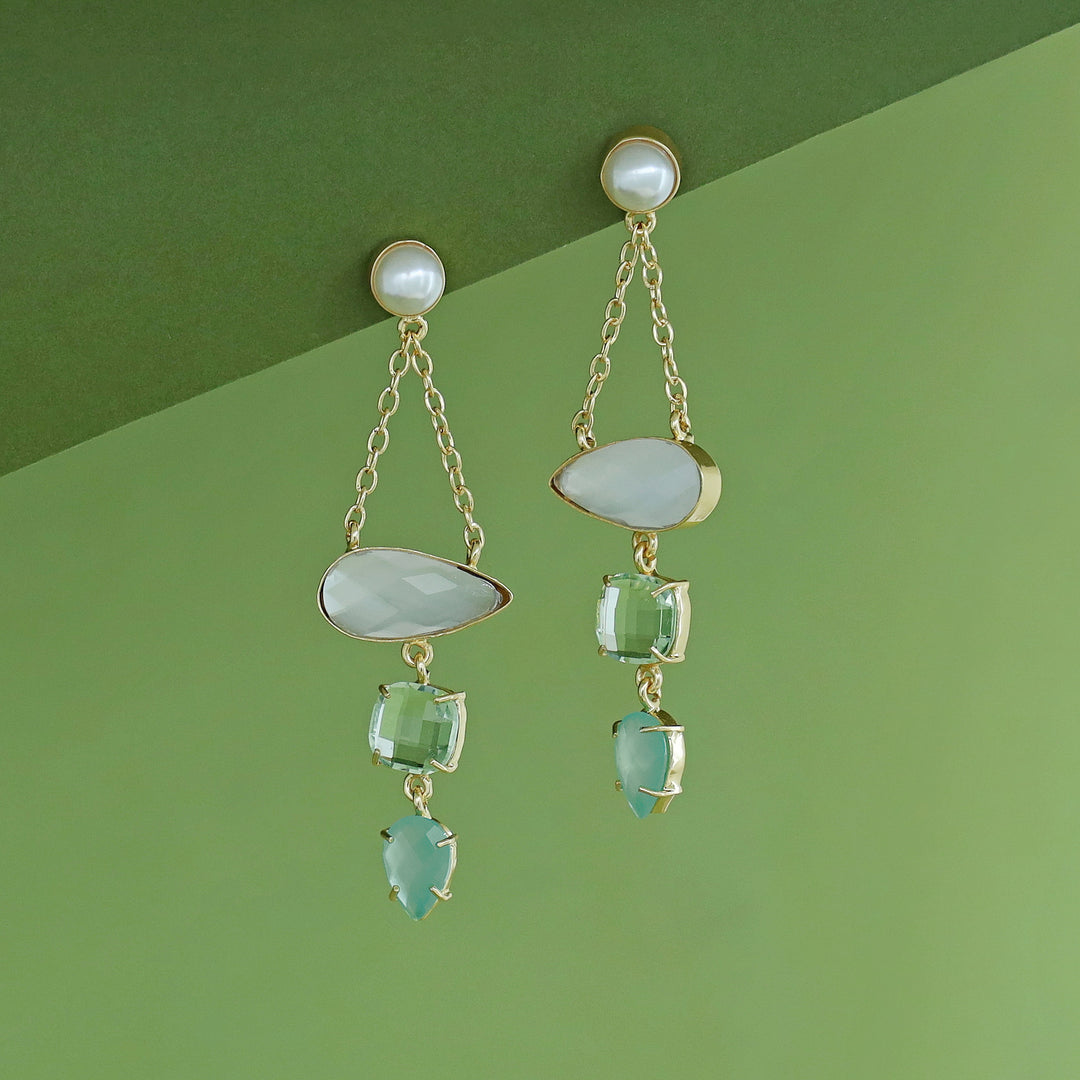 Tri Glossy Pearl Chainy Earring