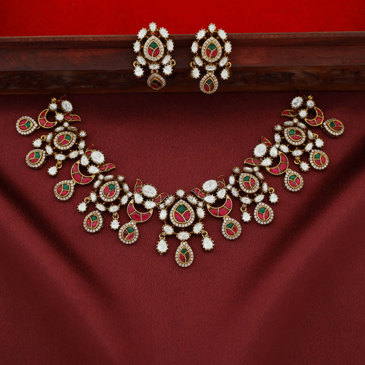 Premium Jadau Kundan Half Moon Drop Short Neckpiece With Earring