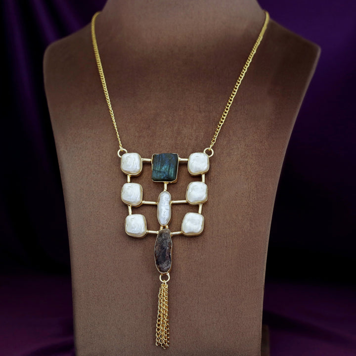 Golden Real Baroque + Dyed + Raw Stone Long Neckpiece
