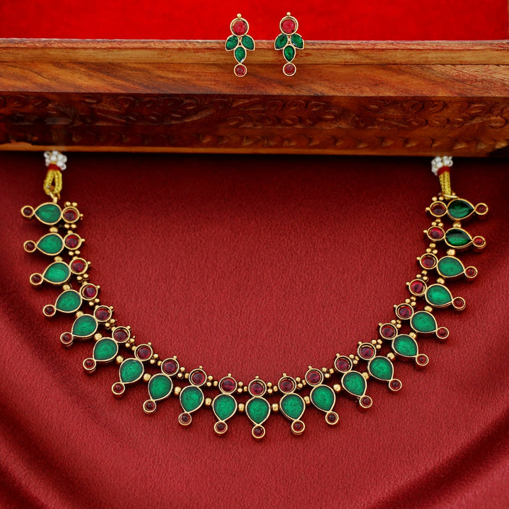 Ganga Enamel Drop Circle Short Neckpiece With Earring