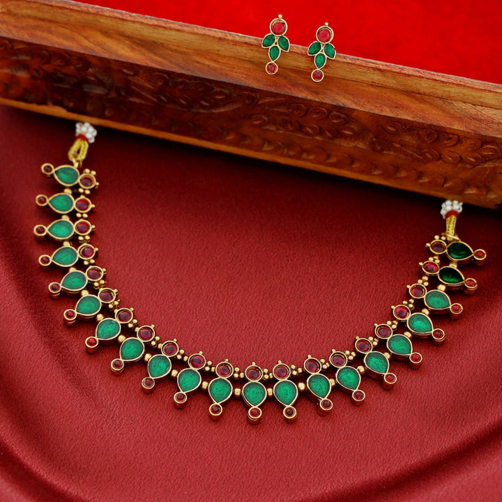 Ganga Enamel Drop Circle Short Neckpiece With Earring