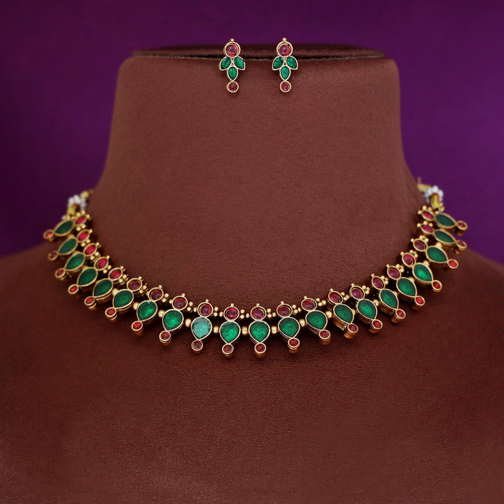 Ganga Enamel Drop Circle Short Neckpiece With Earring