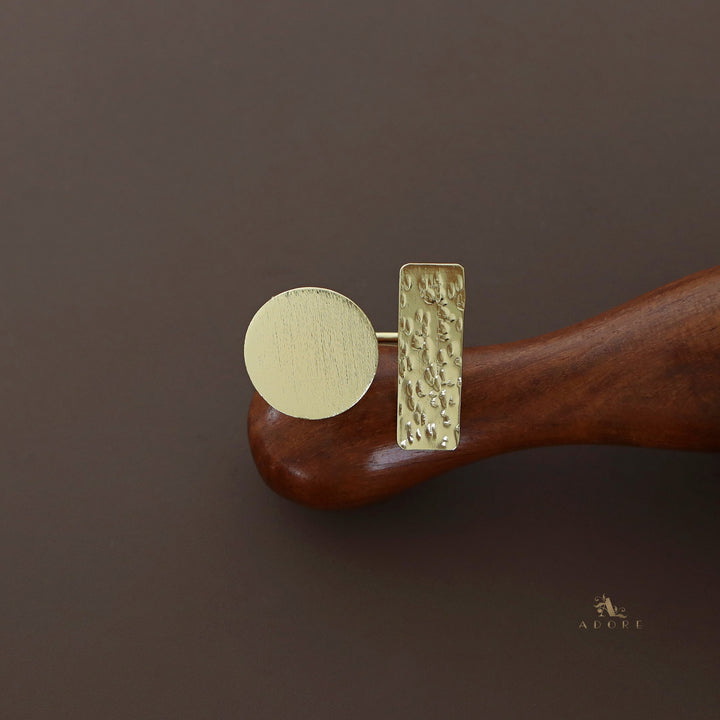 Golden Textured Circle And Rectangle Ring