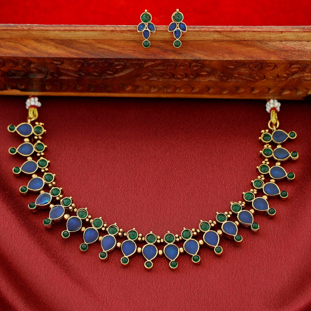 Ganga Enamel Drop Circle Short Neckpiece With Earring