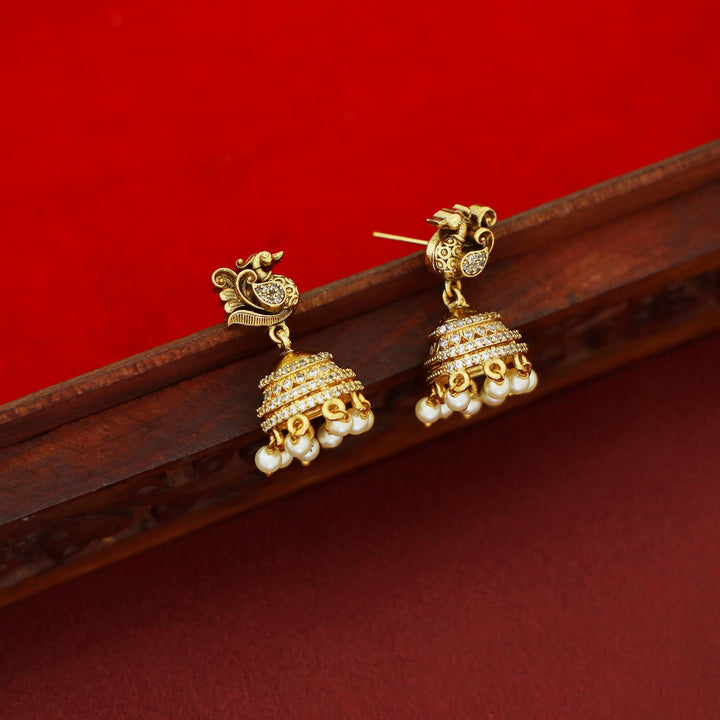 Dhihara AD Stone Pearl Mayura Jhumka