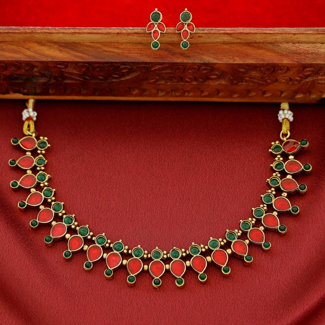 Ganga Enamel Drop Circle Short Neckpiece With Earring