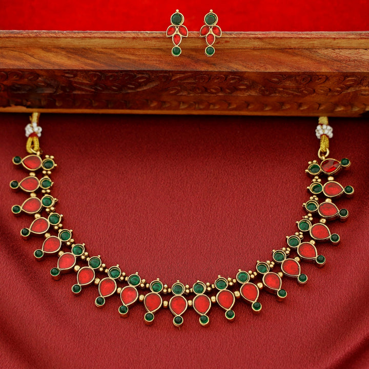 Ganga Enamel Drop Circle Short Neckpiece With Earring