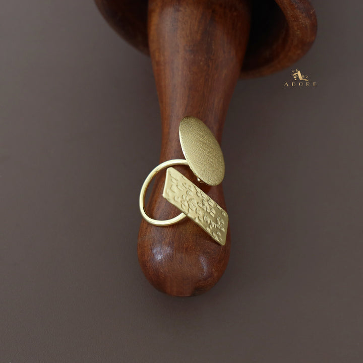 Golden Textured Circle And Rectangle Ring