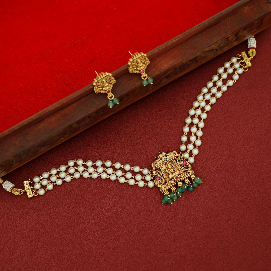Yuvika Devi 3 Layer Pearl Beaded Choker With Earring