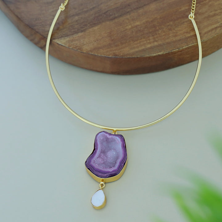 Golden Neck Cuff With Agate + Mop Pendant