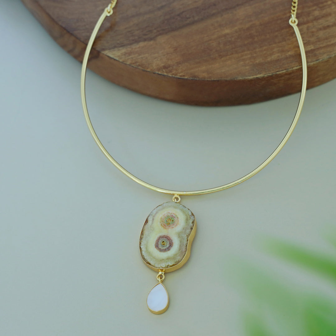 Golden Neck Cuff With Agate + Mop Pendant