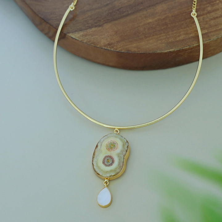 Golden Neck Cuff With Agate + Mop Pendant