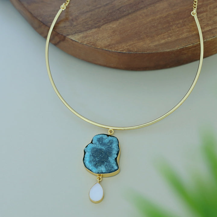 Golden Neck Cuff With Agate + Mop Pendant