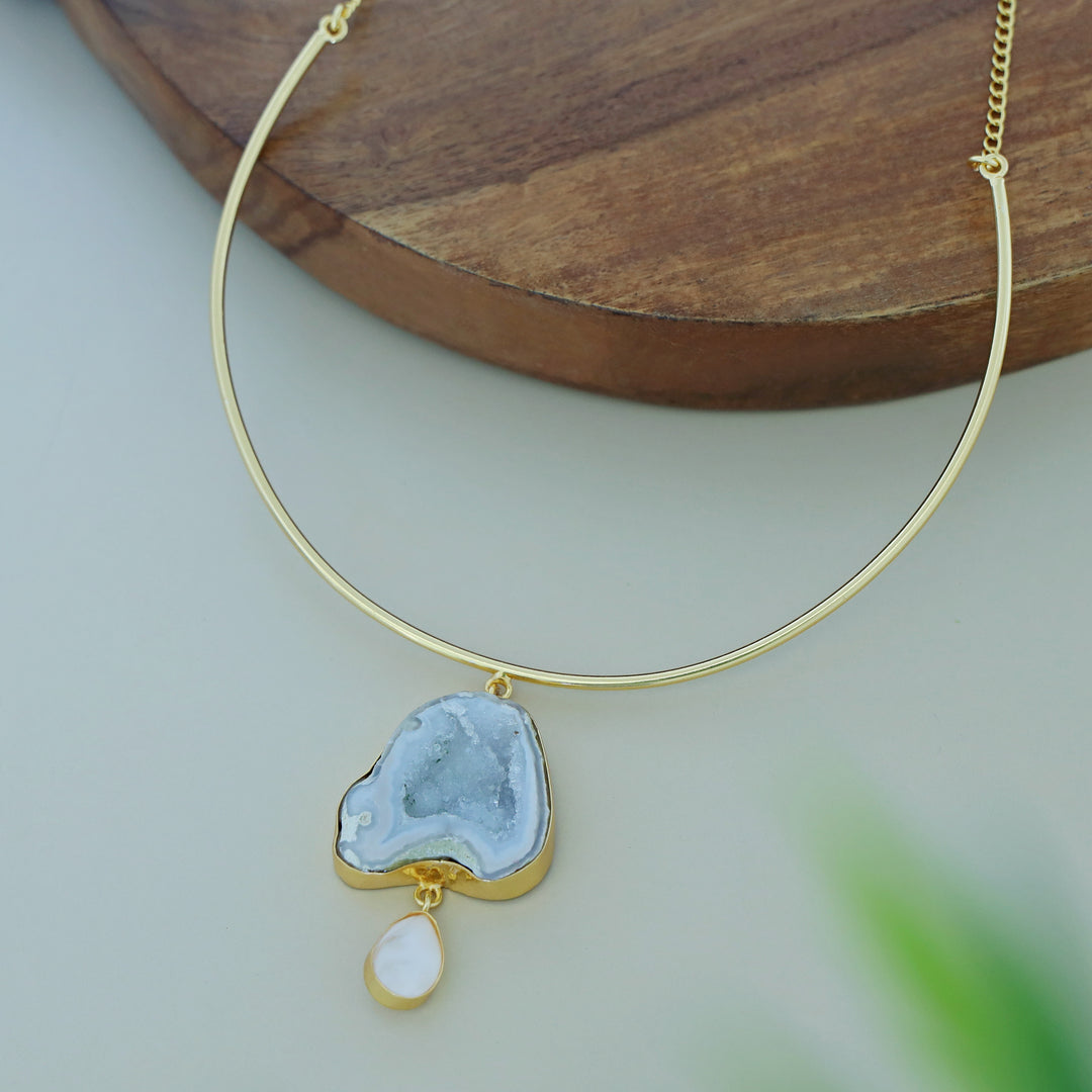 Golden Neck Cuff With Agate + Mop Pendant