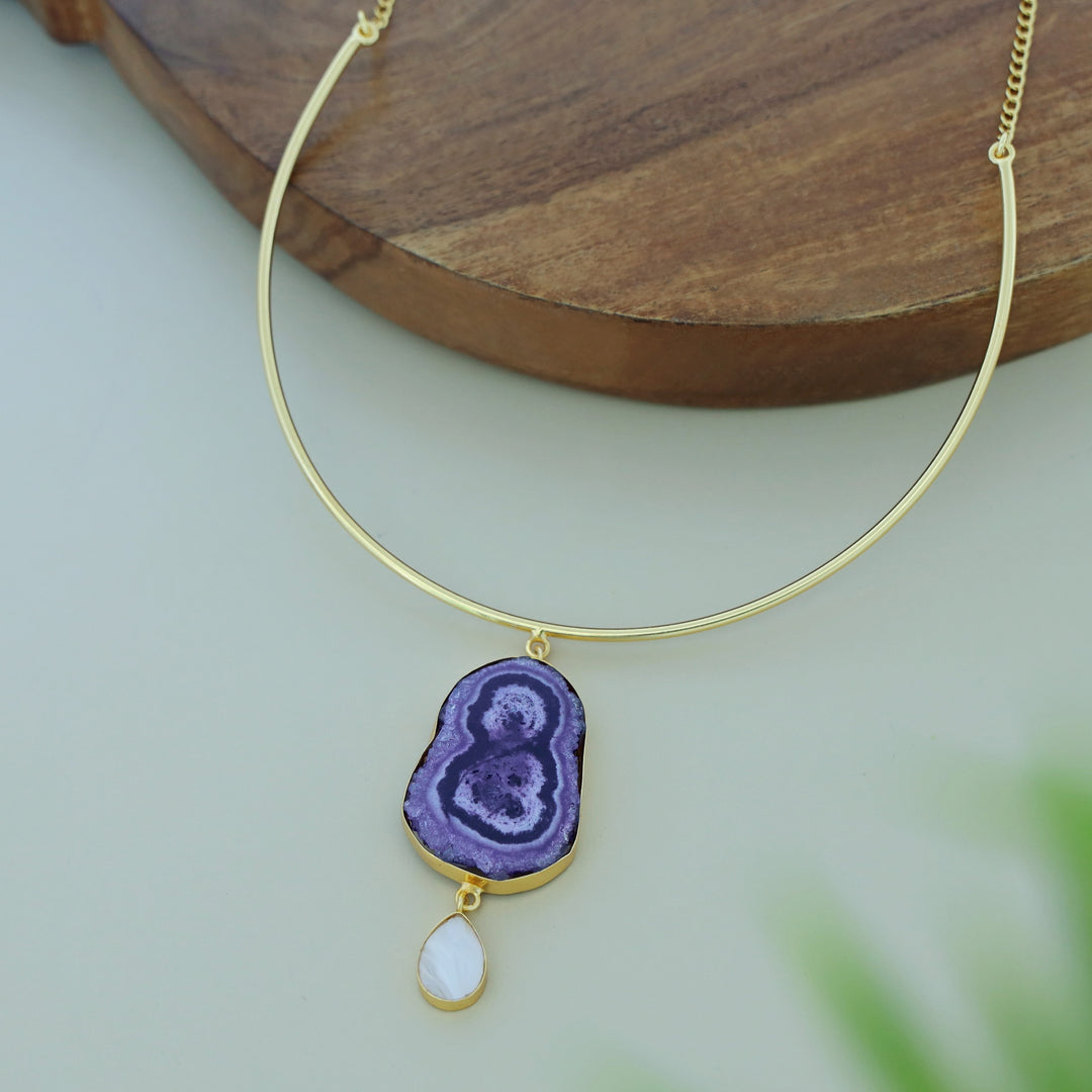 Golden Neck Cuff With Agate + Mop Pendant
