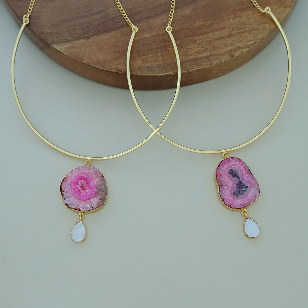 Golden Neck Cuff With Agate + Mop Pendant