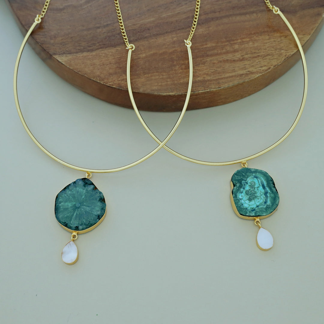 Golden Neck Cuff With Agate + Mop Pendant