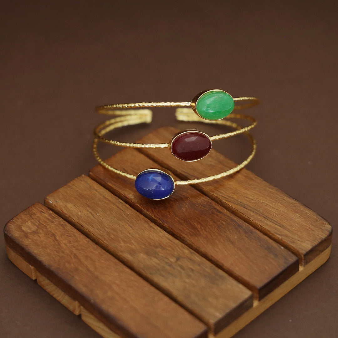 Golden 3 Layer Tri Oval Natural + Glossy Stone Bangle
