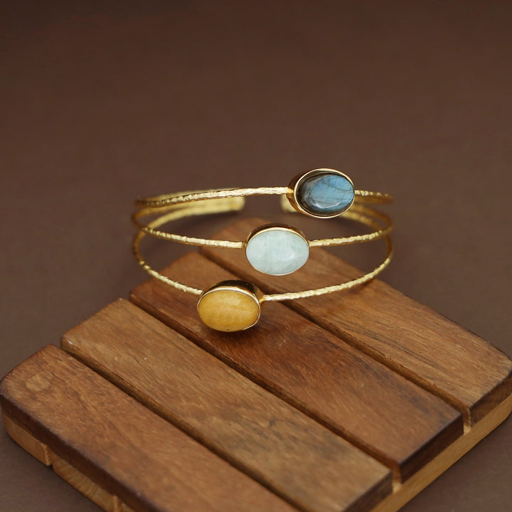 Golden 3 Layer Tri Oval Natural + Glossy Stone Bangle