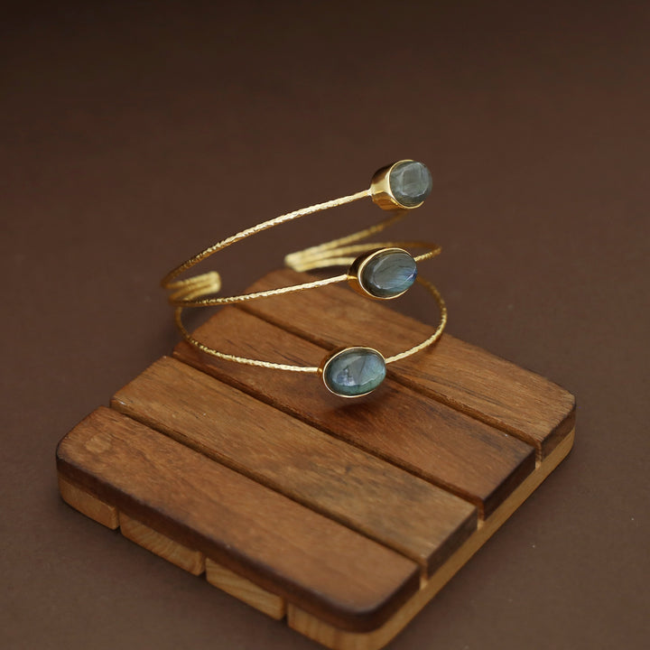 Golden 3 Layer Tri Oval Natural + Glossy Stone Bangle