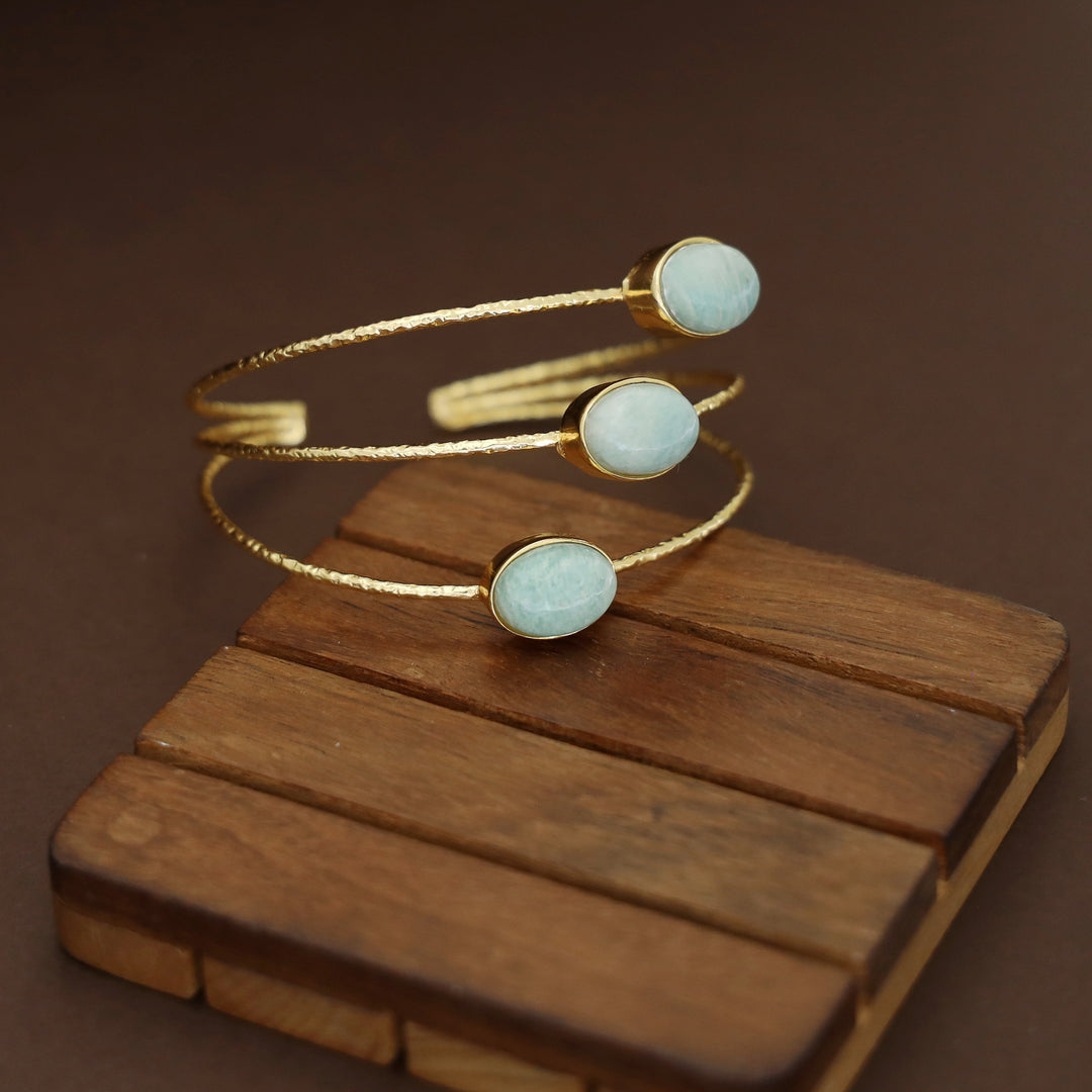 Golden 3 Layer Tri Oval Natural + Glossy Stone Bangle