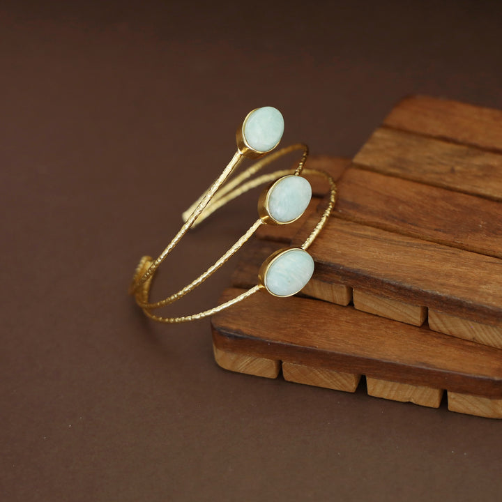 Golden 3 Layer Tri Oval Natural + Glossy Stone Bangle