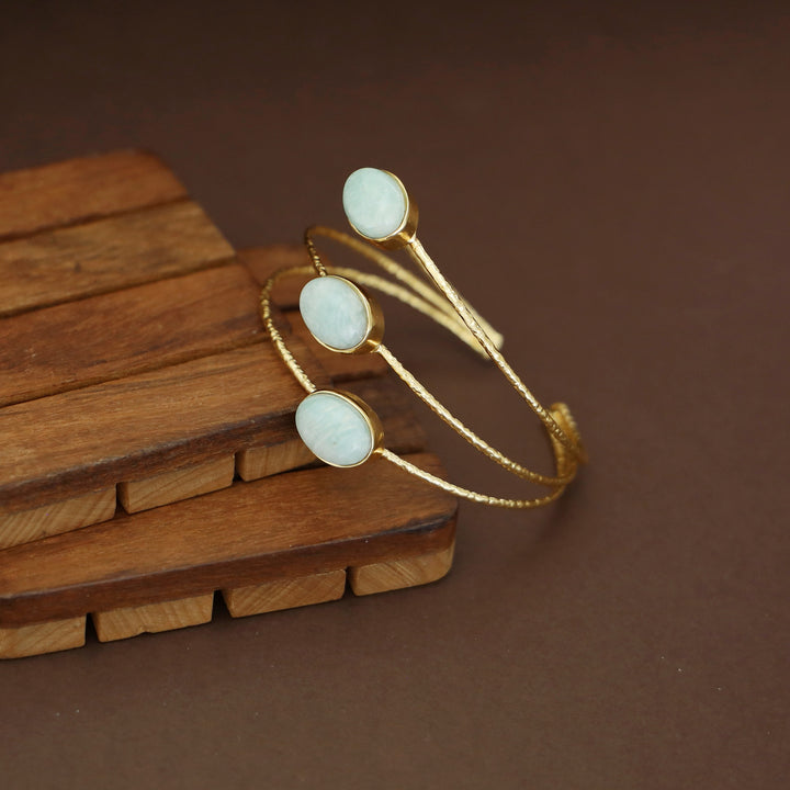 Golden 3 Layer Tri Oval Natural + Glossy Stone Bangle