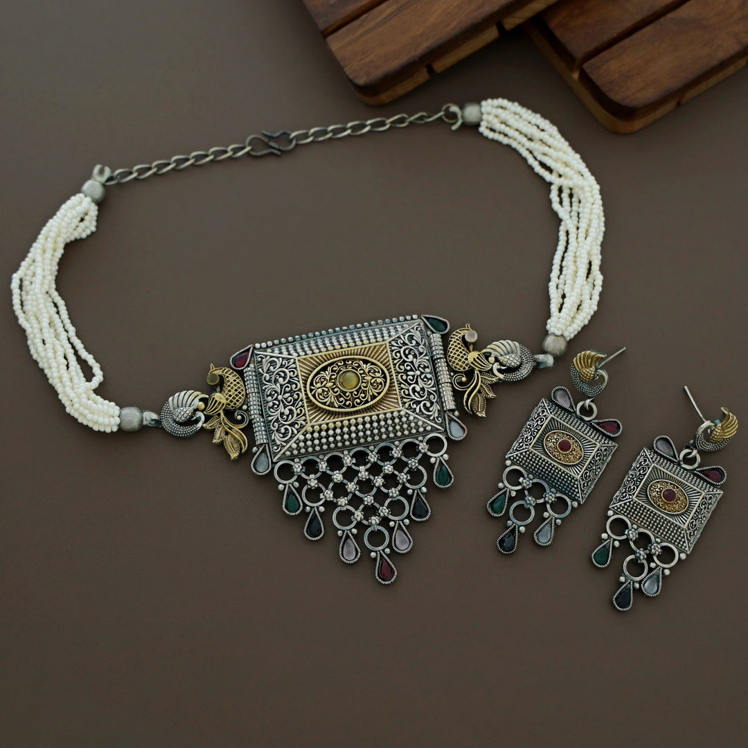 Jasleen Beaded Mayura Silver Choker With Earring