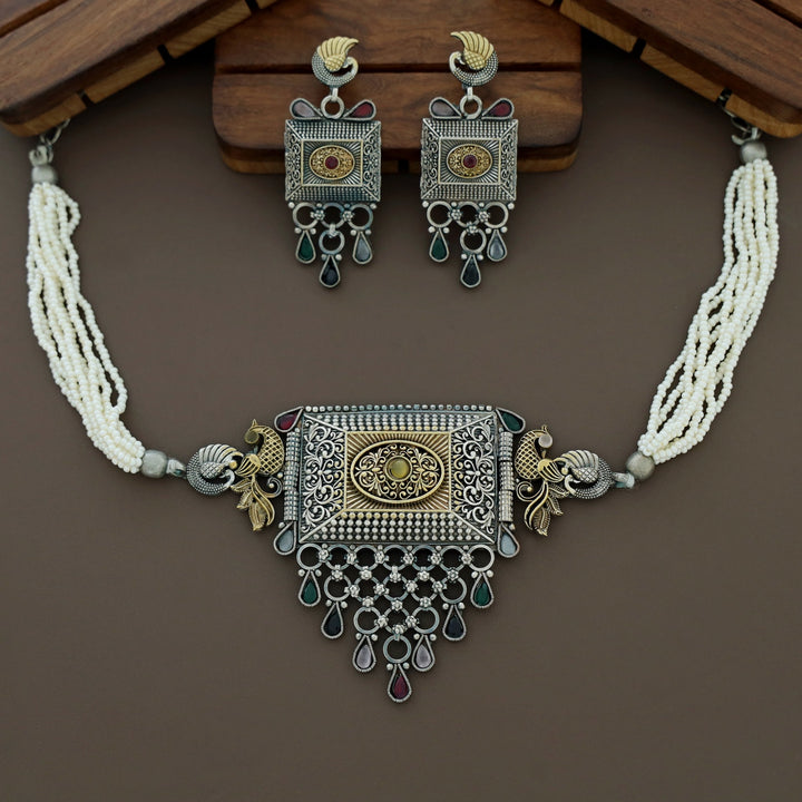 Jasleen Beaded Mayura Silver Choker With Earring