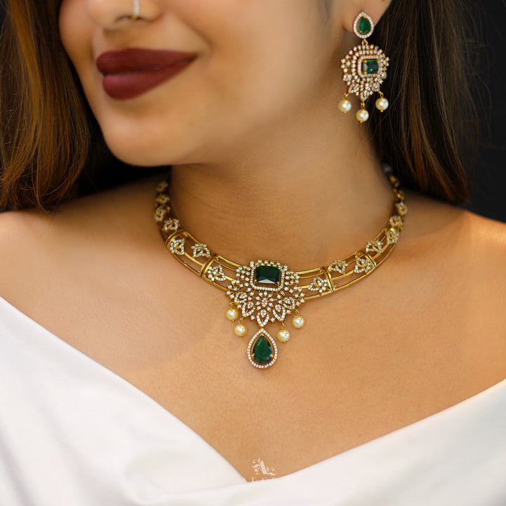 Bulbul Victorian AD Stone Neckpiece With Earring