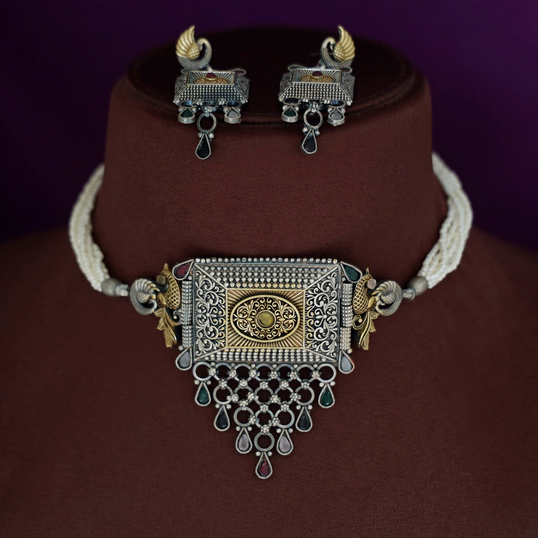 Jasleen Beaded Mayura Silver Choker With Earring