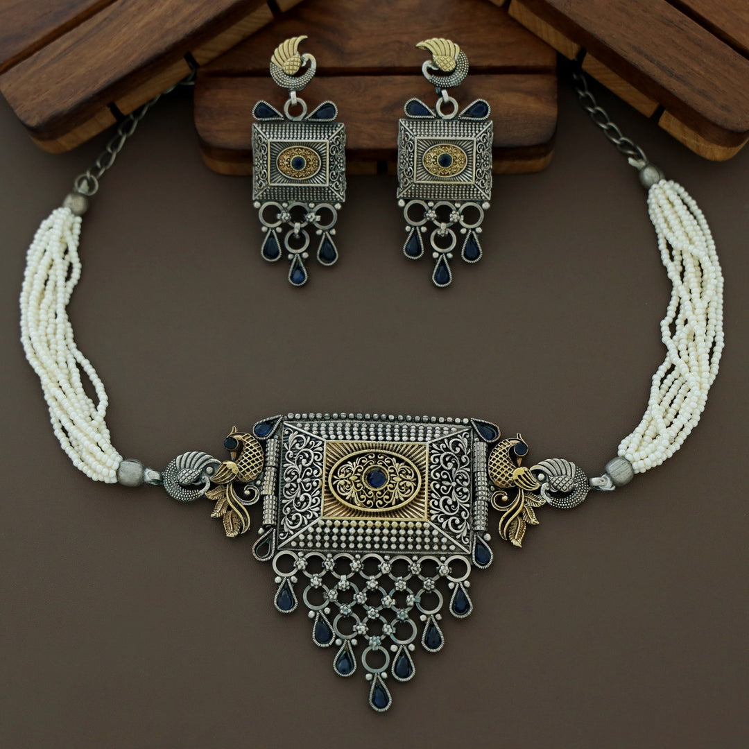Jasleen Beaded Mayura Silver Choker With Earring