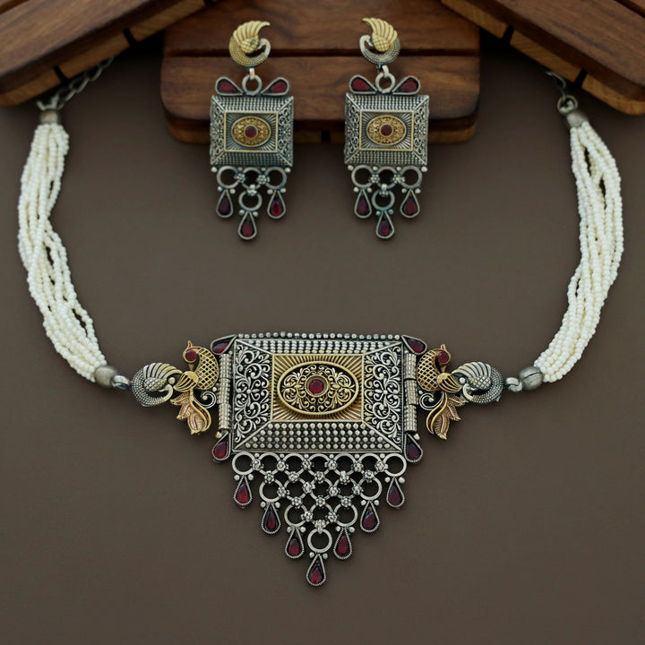 Jasleen Beaded Mayura Silver Choker With Earring