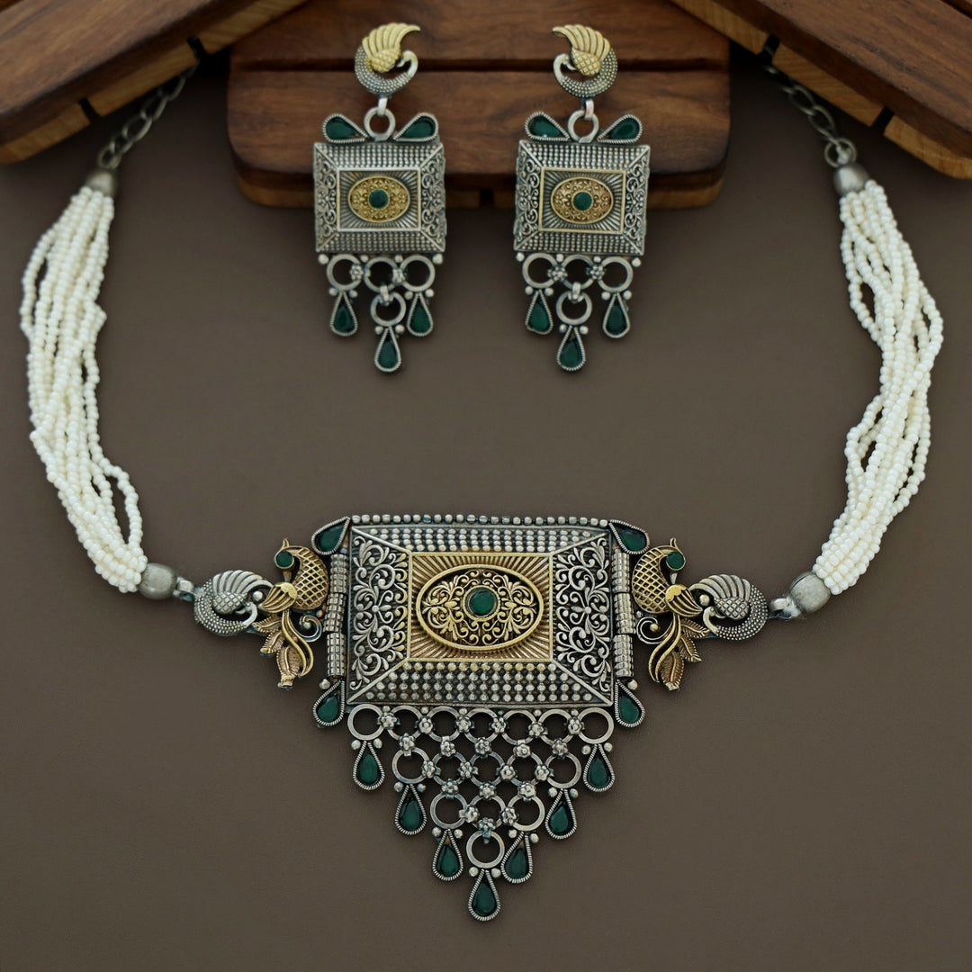 Jasleen Beaded Mayura Silver Choker With Earring