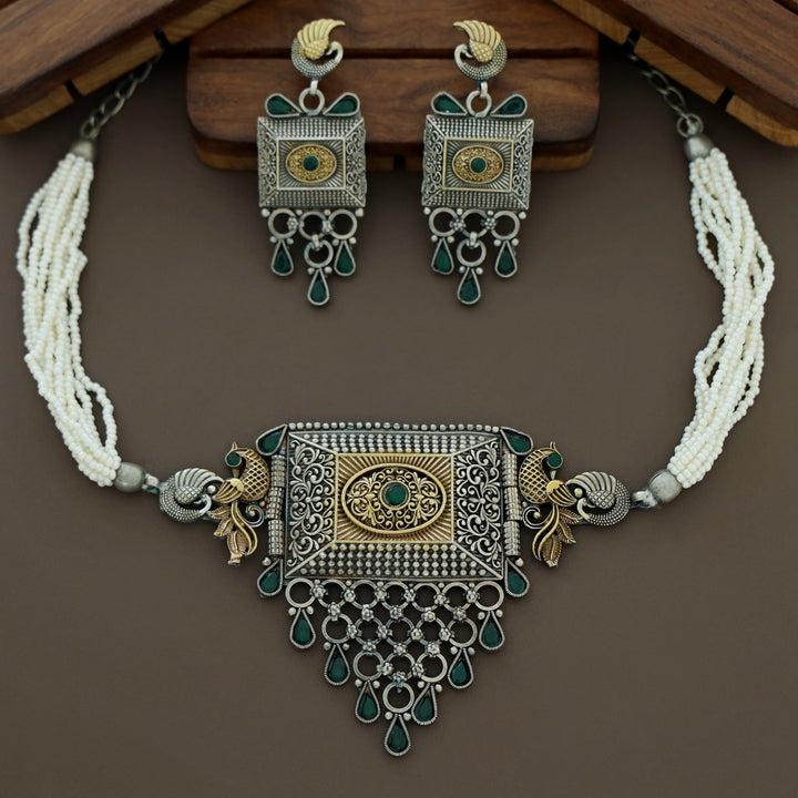 Jasleen Beaded Mayura Silver Choker With Earring