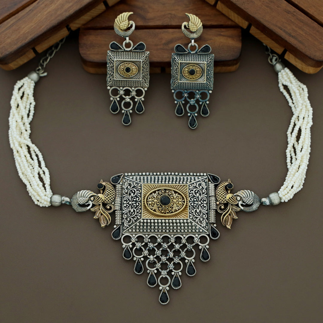 Jasleen Beaded Mayura Silver Choker With Earring