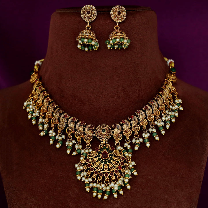 Pratibha Flower Mayura Short Neckpiece With Earring