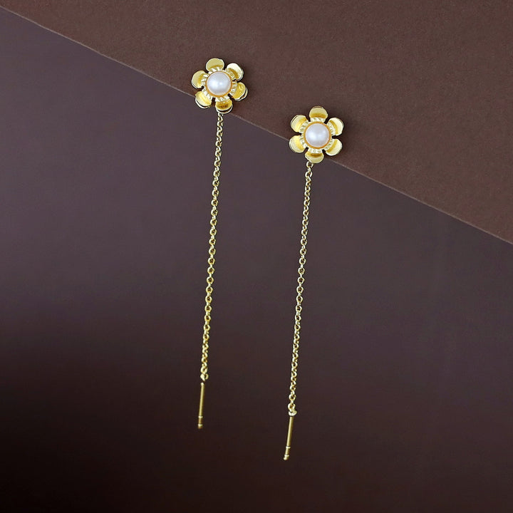 Golden Flower Pearl Needle And Thread Earring