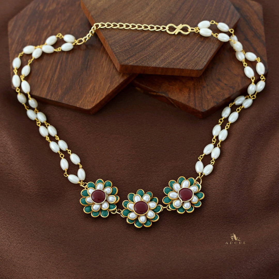 Golden Double Layer Tri Flower Pearl Choker